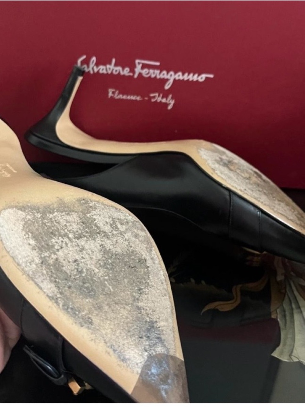 Salvatore Ferragamo Black Leather Slingback Pumps with Gold Buckle - Picture 3 of 5
